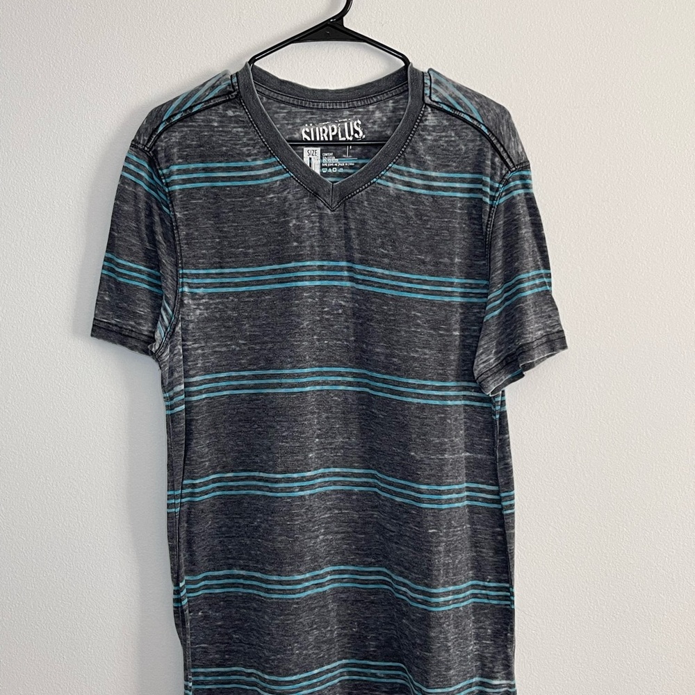 Men's Grey and Blue Striped V-Neck Shirt